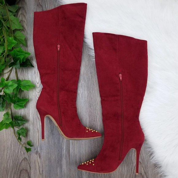 Shoe Dazzle Spike Stud Stiletto Heel Knee High Boots Size 9.5 Burgundy - Picture 5 of 10
